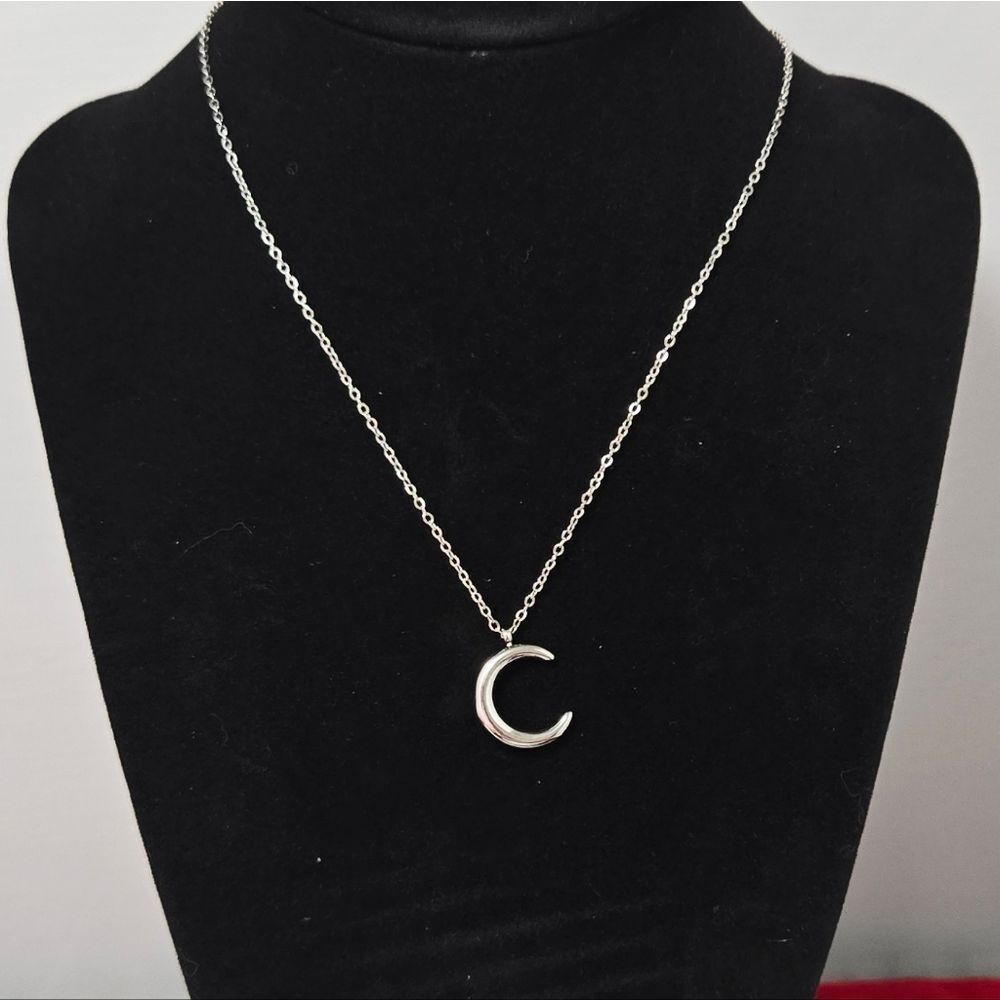 Silver Puffy Crescent Moon Necklace Stainless Steel Celestial Adjustable Minimal